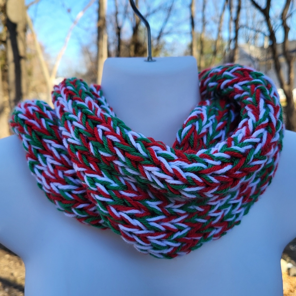 Hand Crafted chunky knit infinity scarf 7 inches wide and 65 inches total length